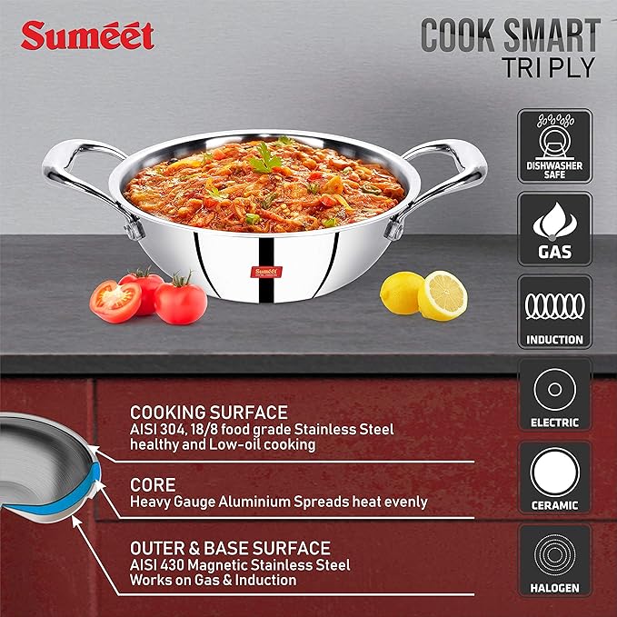 Sumeet Cook Smart TriPly Steel-Aluminium-Steel 3 Layers Kadhai 2Ltr  - 22cm