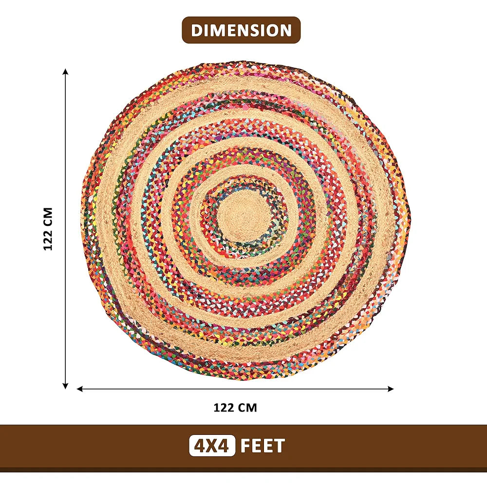Kuber Industries Satranji Round Jute Rug & Carpet for Home & Bedroom Thick Lines Beige