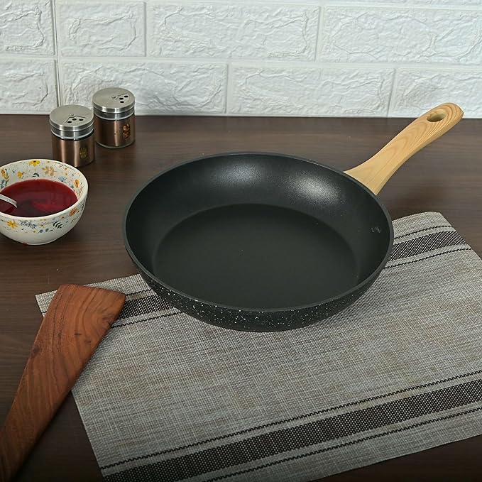 Femora Foged Die Cast Aluminium Non Stick 24 Cm Frypan With Wood Finish Handle | Granite Finish | Induction & Gas Ready