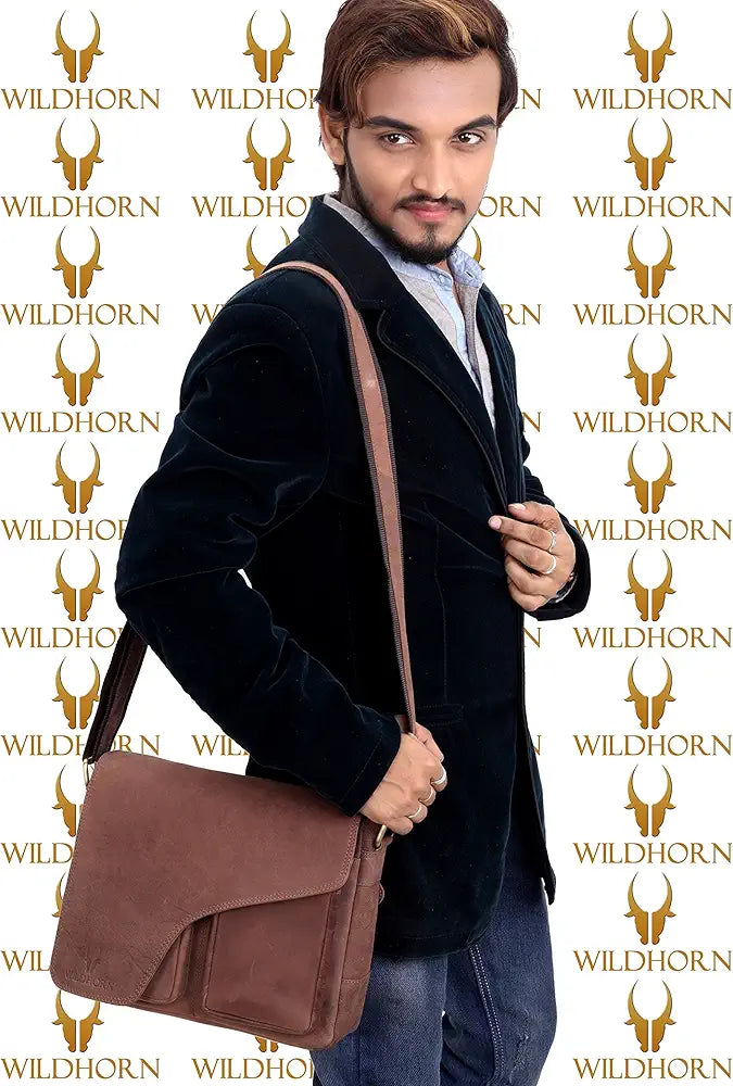 WildHorn�Leather 11 inch Laptop Messenger Bag for Men I Dedicated Laptop Compartment I Adjustable Strap I DIMENSION:L- 11 inch H-9.5 inch W- 3 inch