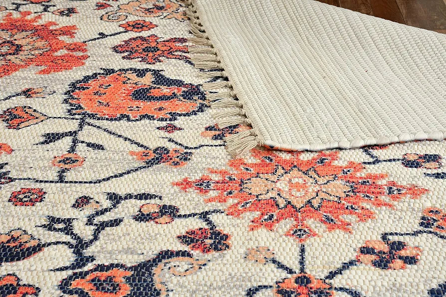 Homadorn Handmade Sustainable Printed Modern Dhurrie/Rugs/Carpet Colour Blue Cream