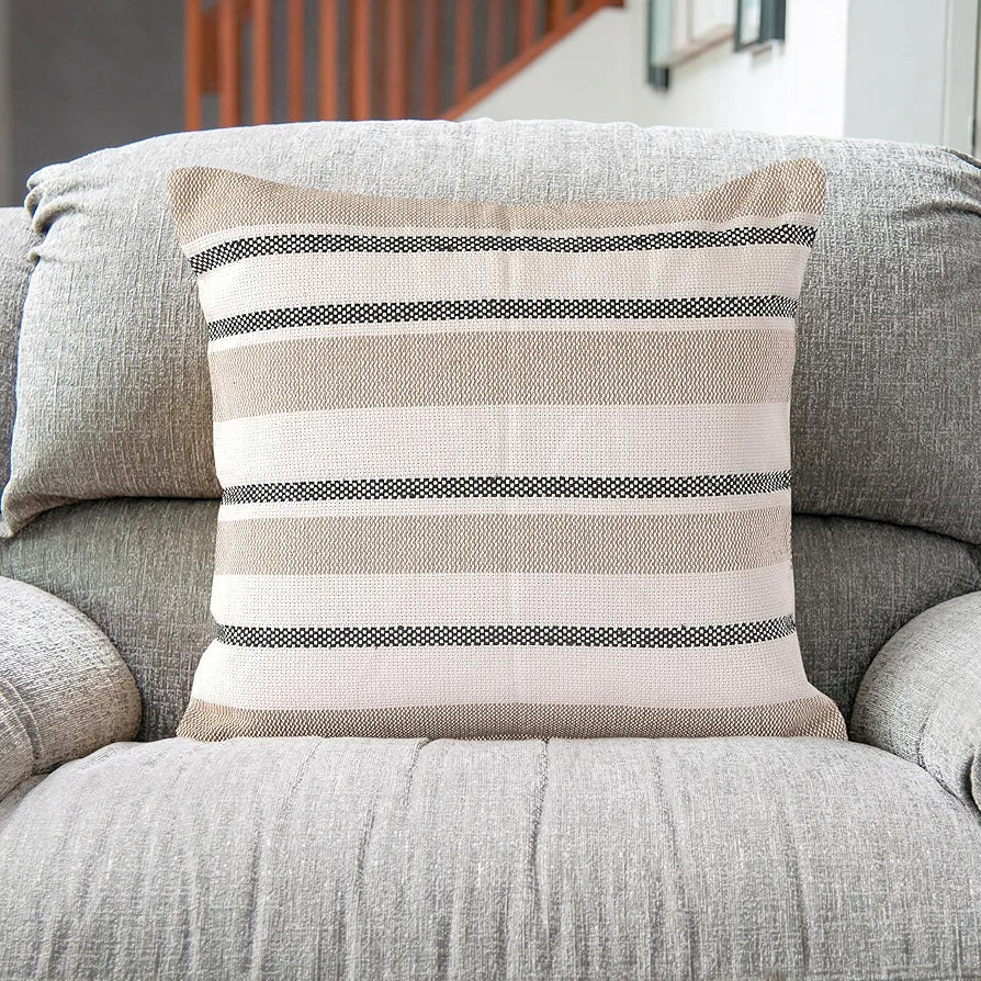 Sashaa World Exquisite Colour Beige Black Striped Elegance Decorative Woven Cushion Cover