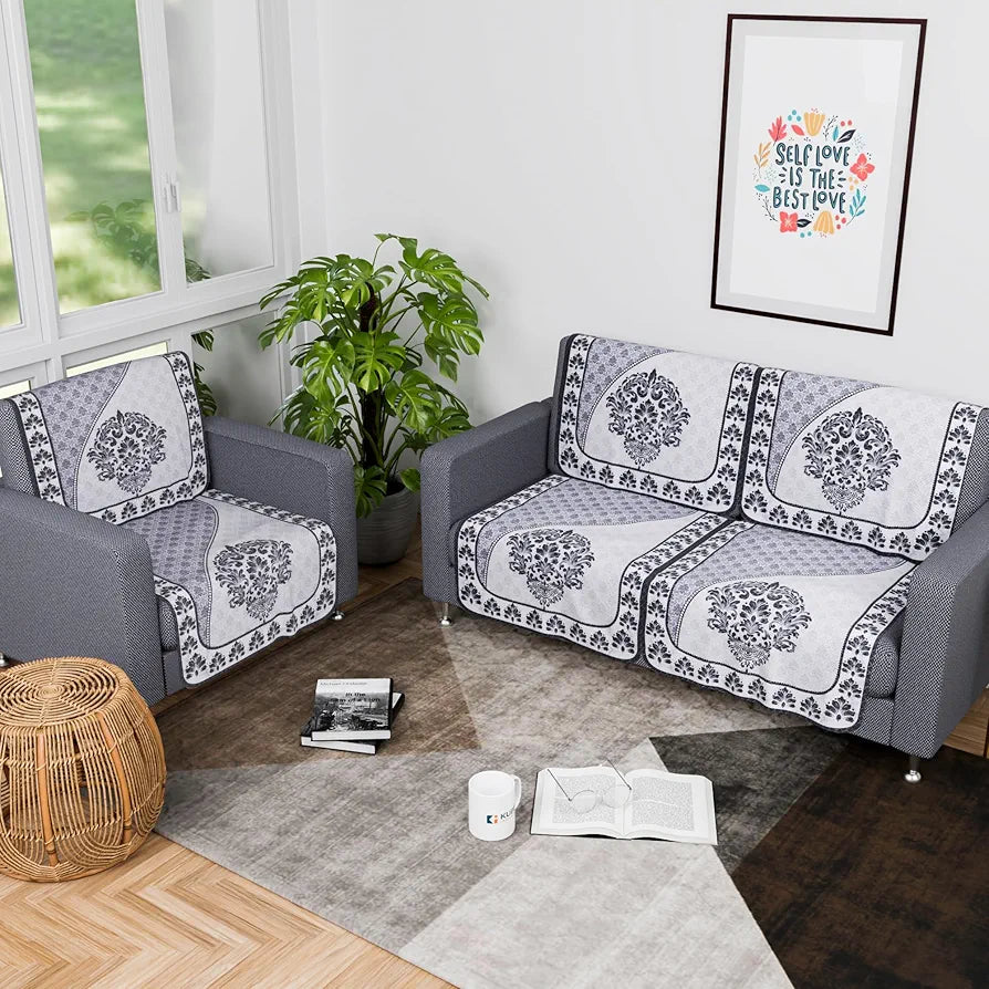 Kuber Industries Set of 6 Net Durable 2+1 Seater Sofa Covers Floral Print Black & Grey