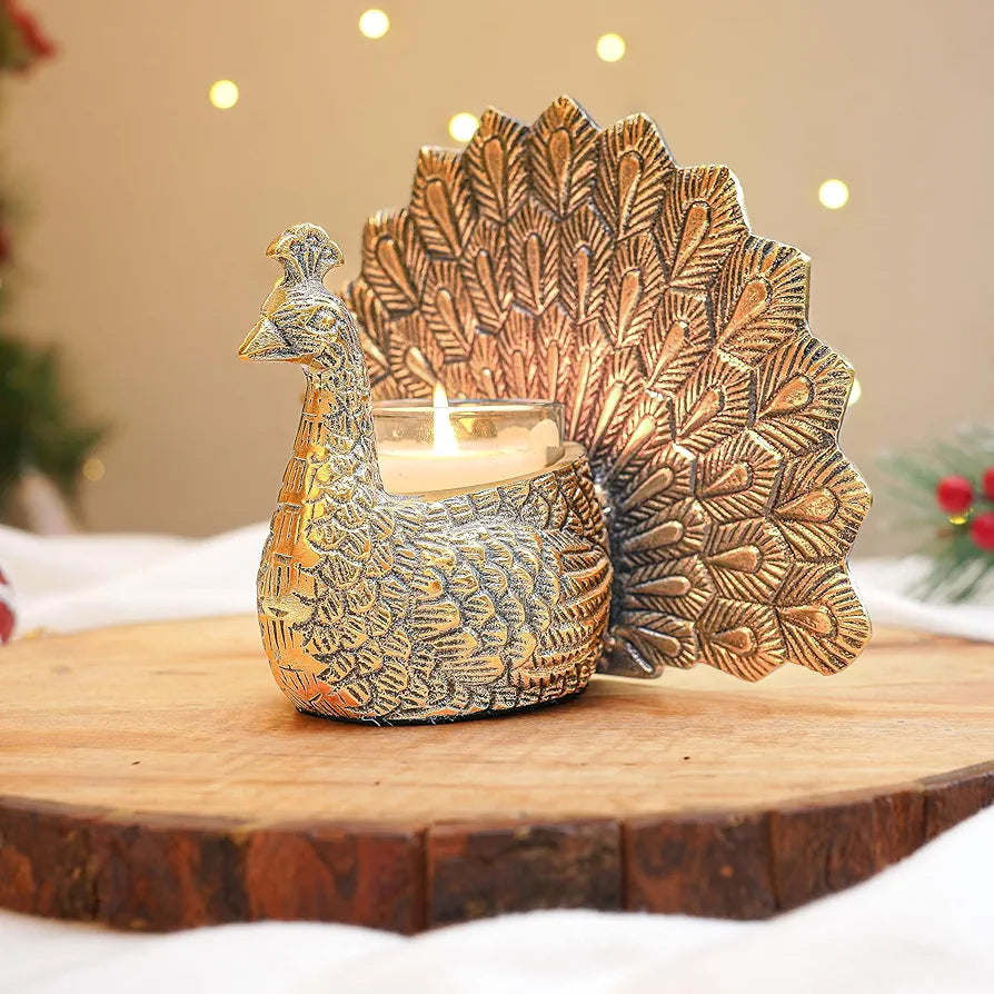 Behoma Metal Dancing Peacock Figurine for Good Luck and Love | Candle Holder for Home Dcor Tabletop Living | Showpiece for Valentine's Day, Birthday , Gold