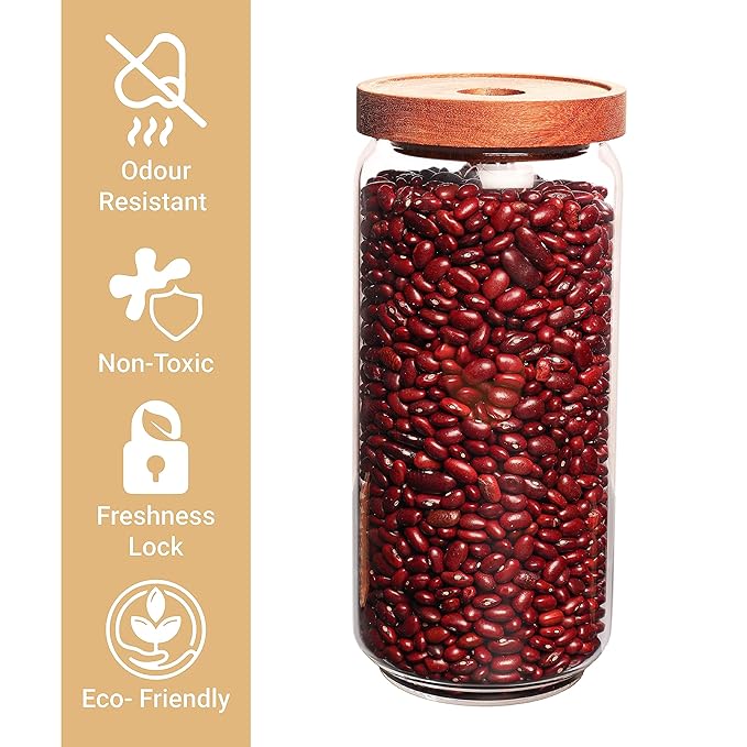 Femora Kitchen Storage Jars Borosilicate Glass Jar for Kitchen With Wooden Lid Air Tight Jar | 1000 Ml | Pack of 1
