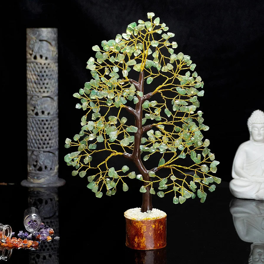 HindCraft Green Jade Crystal Tree Golden Wire 10-12 inch