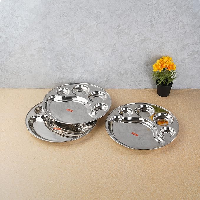 Sumeet Stainless Steel Round 5 in 1 Compartment Lunch Big Plates Set of 3Pcs 34cm Silver