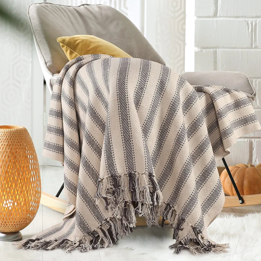 Sashaa World Striped Throw Medium with Tasselled Edges Colour Dark Blue