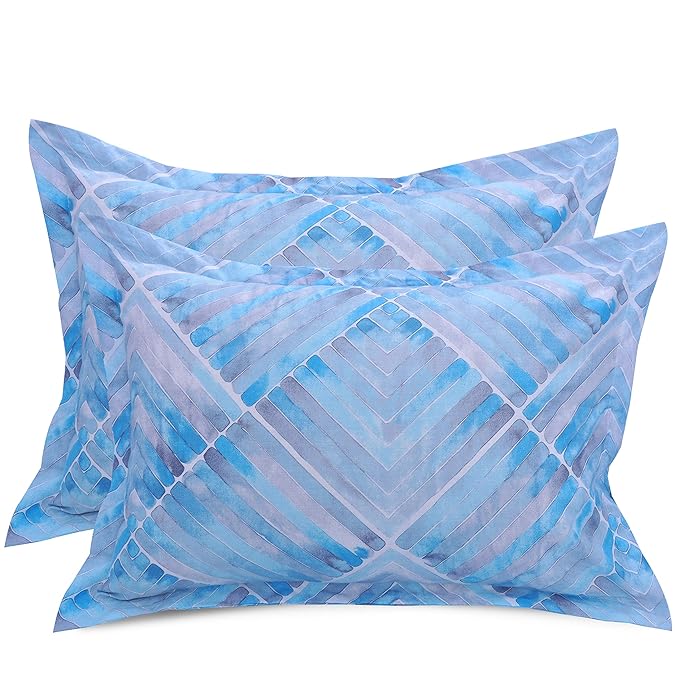 Huesland by Ahmedabad Cotton 144 Tc Cotton King Size Bedsheet With 2 Pillow Covers | Grey, Blue & White