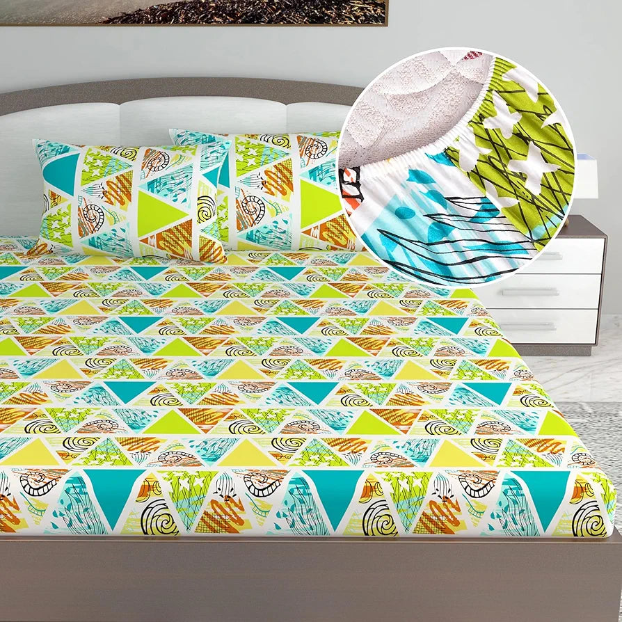 Divine Casa 144 TC Cotton Geometric Print King Size Double Bed Elastic Fitted Bedsheet with 2 Pillow Cover Colour Lime Punch