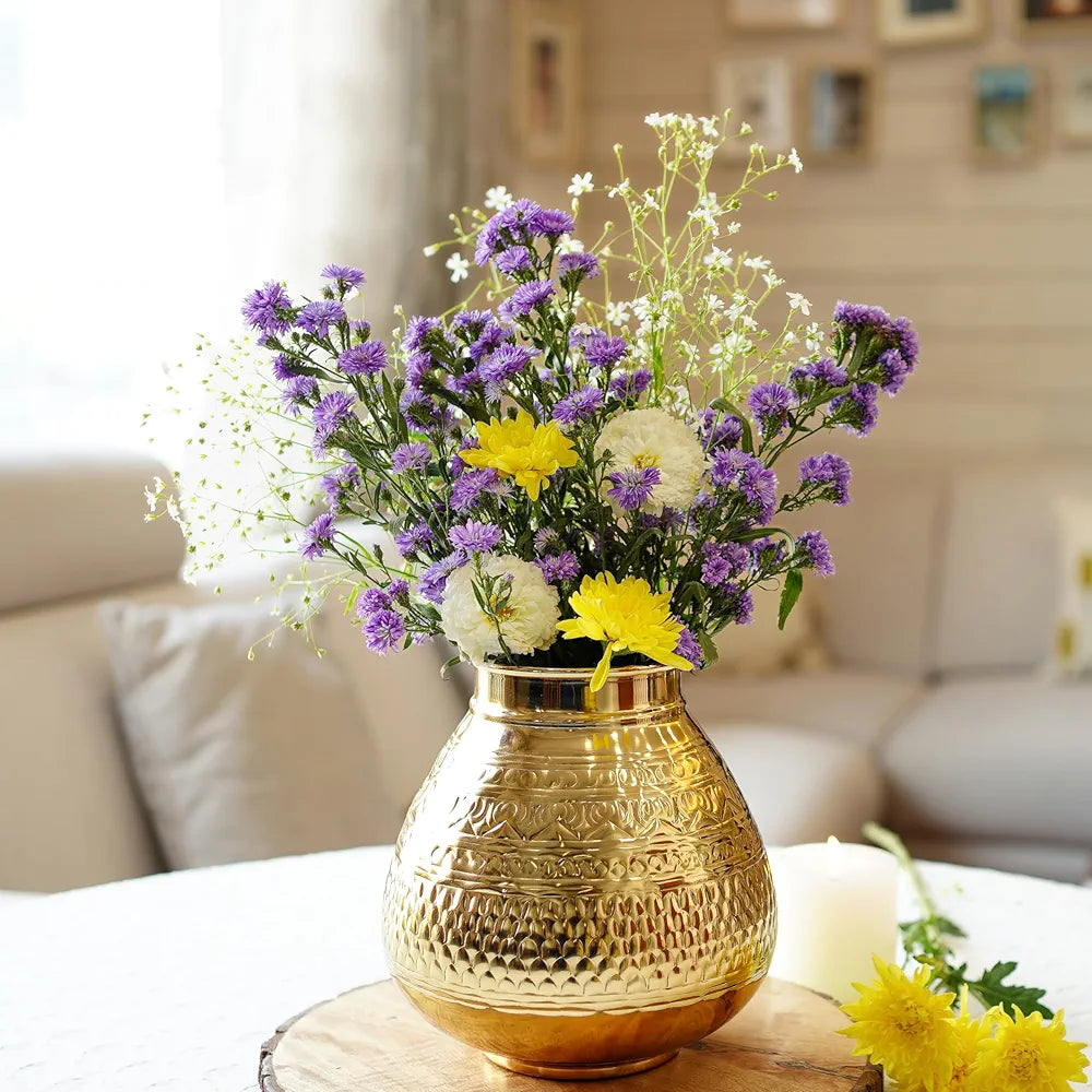 Behoma Matki Shape Metal Flower Vase Traditional Embossed Metal Flower Pot Golden Flowers not Included