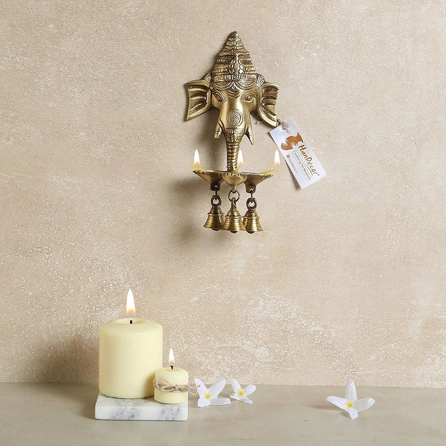 Two Moustaches Brass Ganesha Wall Hanging Diya with Bells