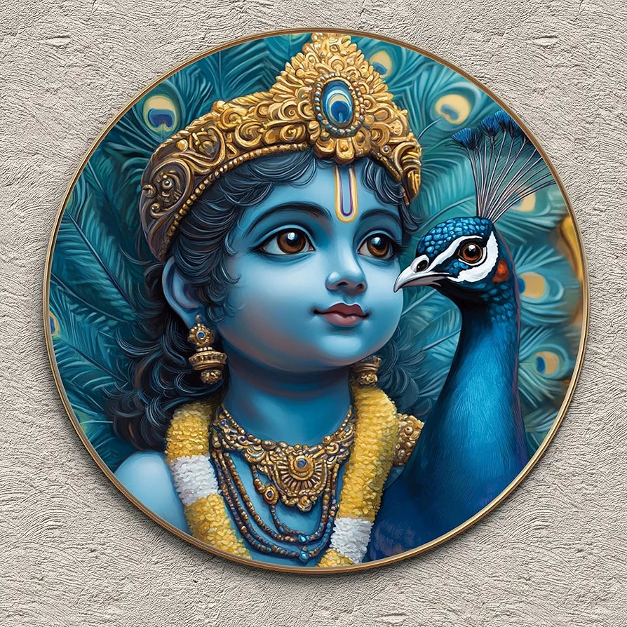 Livin'luxe Paintings Krishna with Peacock Divine Wall Painting with Frame - Sparkle Glossy Round Golden Framed Large
