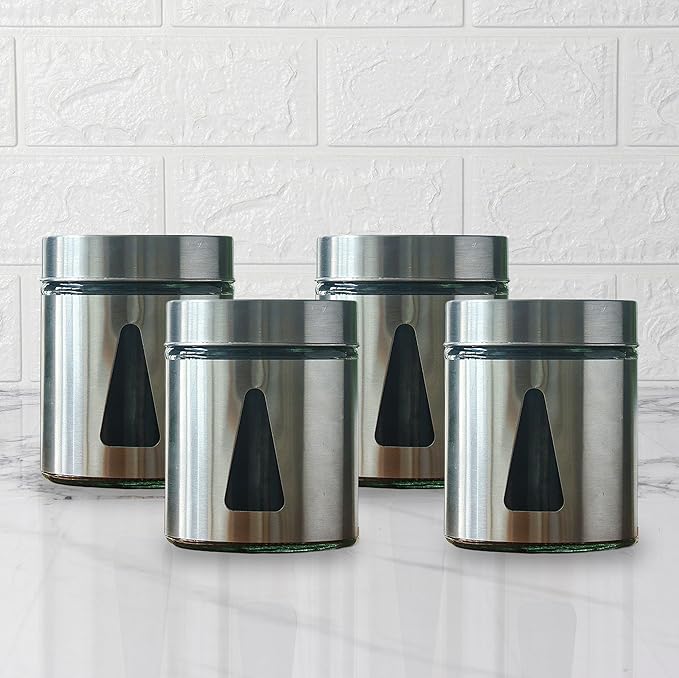 Femora Kitchen Storage Jars Steel Finish With See Through Window Jar | 700 Ml | Pack of 4