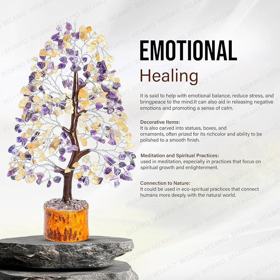 Bezavo Amethyst & Citrine Crystal Tree Feng Shui Seven Chakra Energy Tree – 10-12 Inch