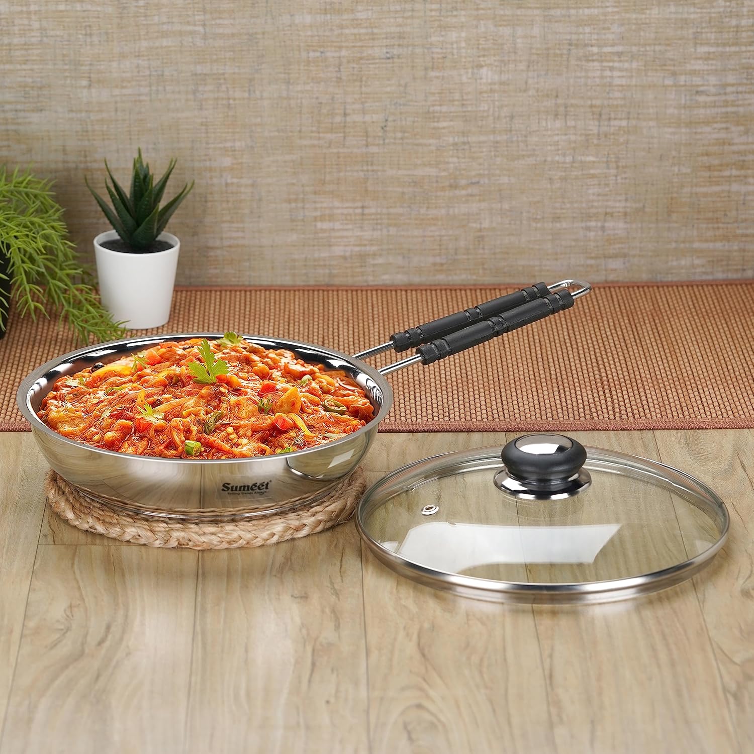 Sumeet Stainless Steel Induction Bottom Fry Pan with Glass Lid 2.250 Liter 25.5 cm Silver