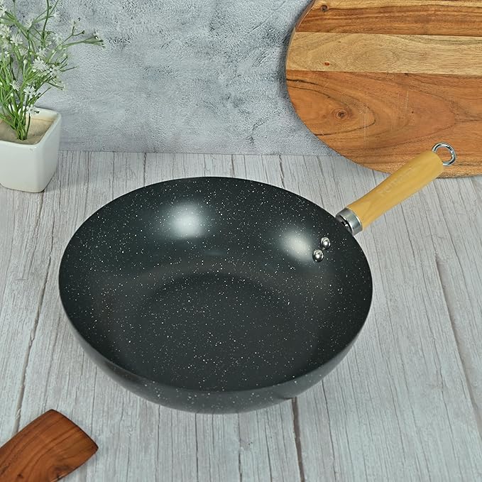 Femora Carbon Steel Wok 30 Cm With Wooden Handle | 3 Layer Non-stick Coating Wok | Black