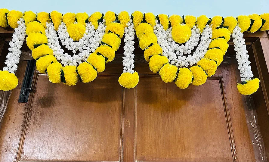 Artificial Marigold Fluffy Flowers Garlands Door Toran Set/Door Hangings Yellow with Jasmine and green leaves