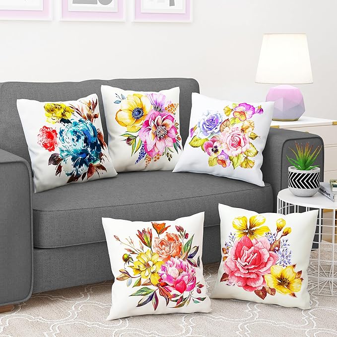 Story@Home Cushion Cover Polyester Cover Vibrant Red & Blue Floral Design Pillow Cover Set of 5