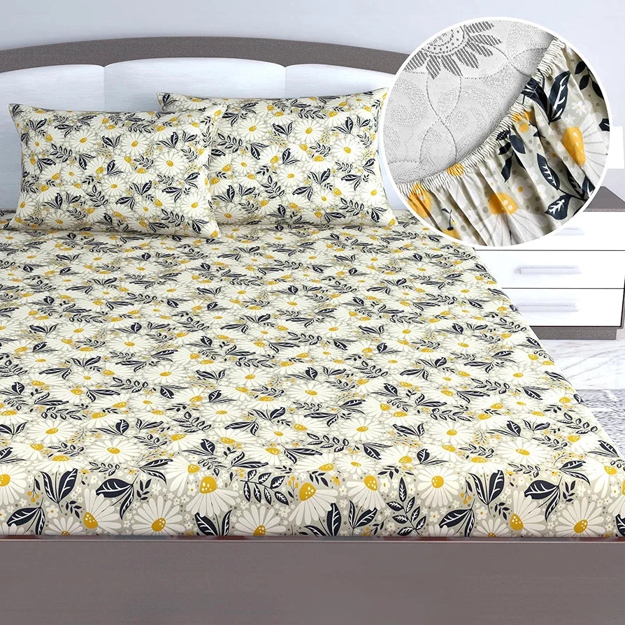 Divine Casa Floret 100% Cotton King Fitted Bedsheet 144 TC Deep Pocket Design Soft & Breathable Fabric Vintage Daisies Colour Multicolor