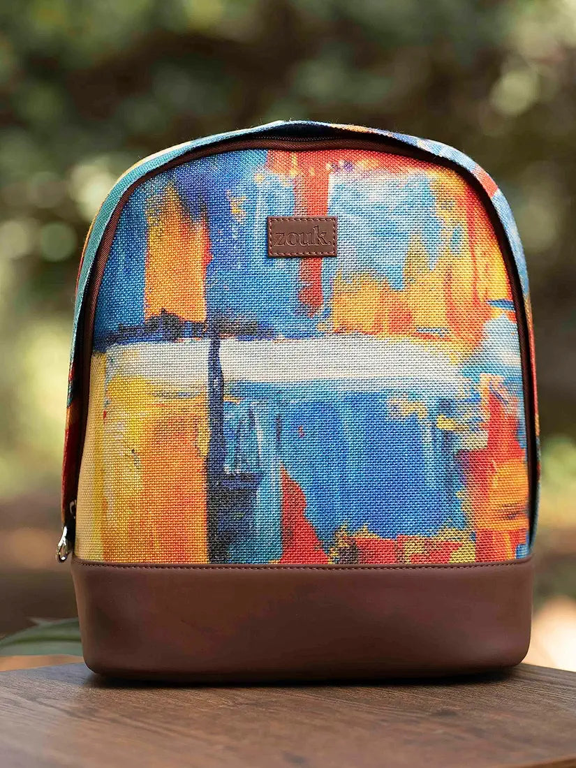 Zouk Printed Women's Jute Handcrafted Vegan Leather Multicolor Daypack/Backpack