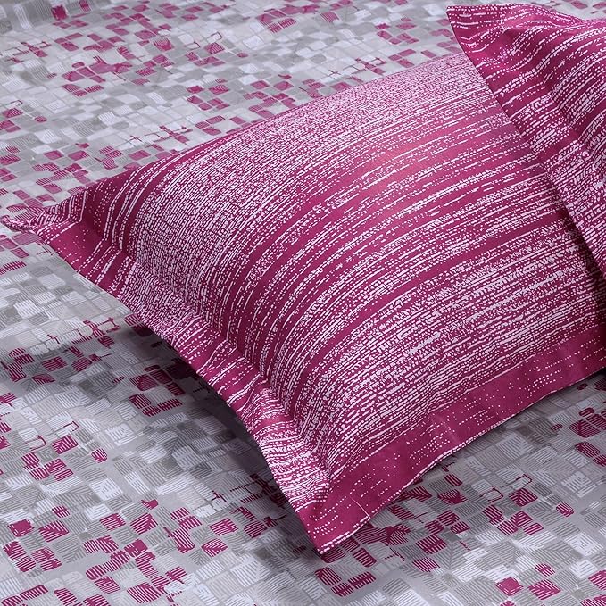 Huesland by Ahmedabad Cotton 144 TC King Size Bedsheet Cotton with 2 Pillow Covers | Grid | Burgundy, Grey & White