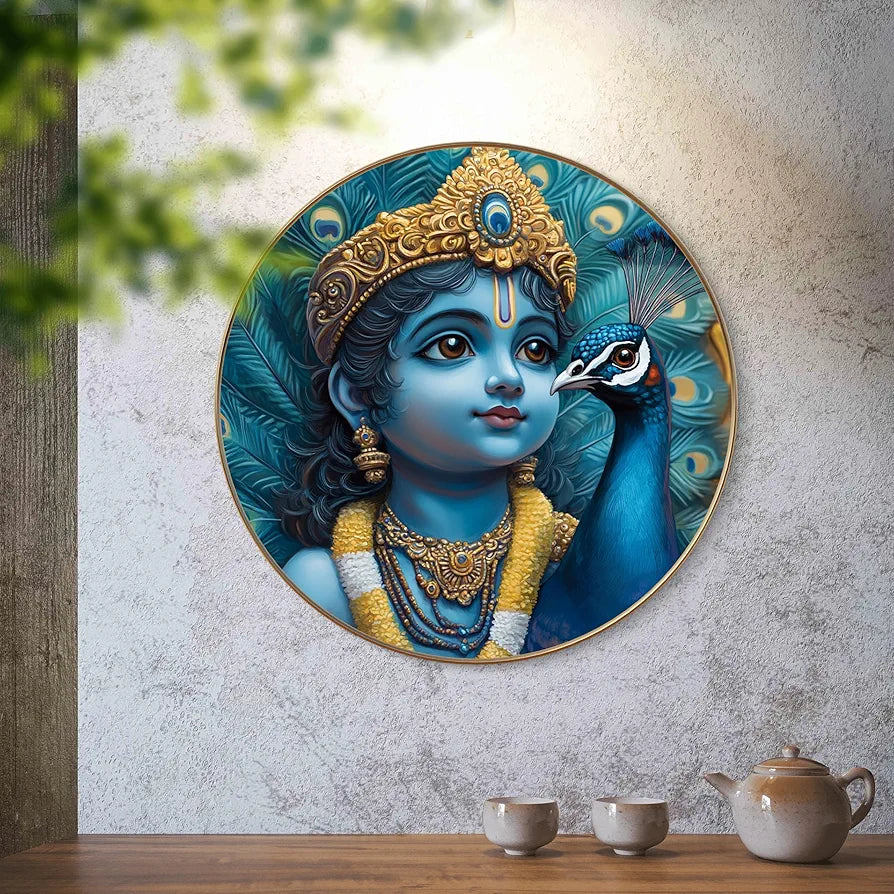Livin'luxe Paintings Krishna with Peacock Divine Wall Painting with Frame - Sparkle Glossy Round Golden Framed Large