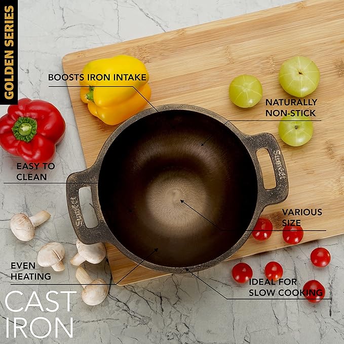 Sumeet Super Smooth Gold Series Pre Seasoned Cast Iron Small Kadai for Fry 950 ml