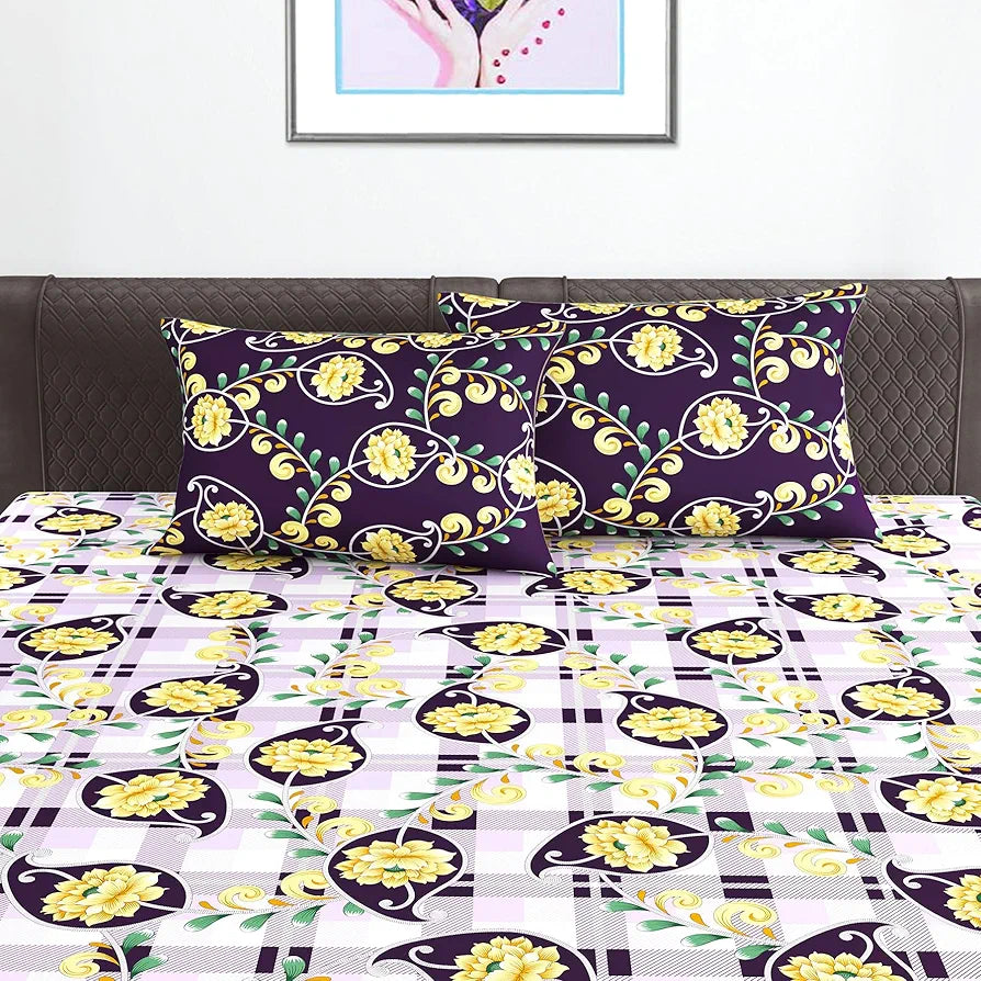 Divine Casa Double Size Bedsheet for Double Bed 144 TC Pure Cotton Queen Size with 2 Pillow Covers Floral Colour Royal Lilac