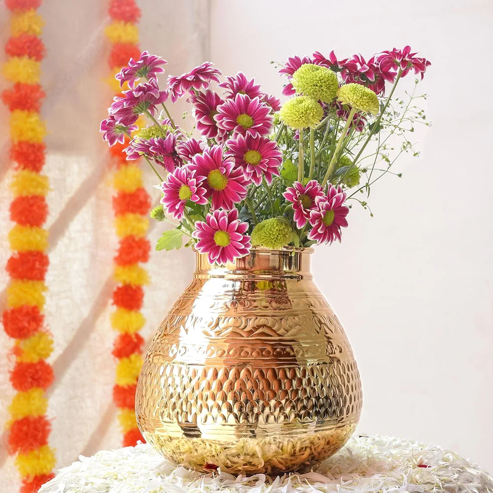 Behoma Matki Shape Metal Flower Vase Traditional Embossed Metal Flower Pot Golden Flowers not Included