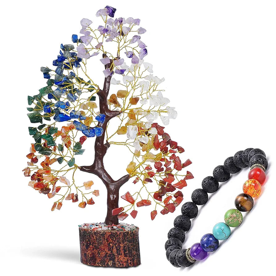 Reikved Seven Chakra Crystal Gemstone Bonsai Money Tree Golden Wire