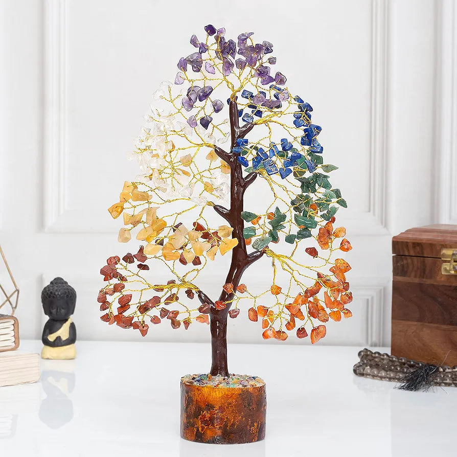 HindCraft Seven Chakra Crystal Tree Golden Wire 10-12 inch