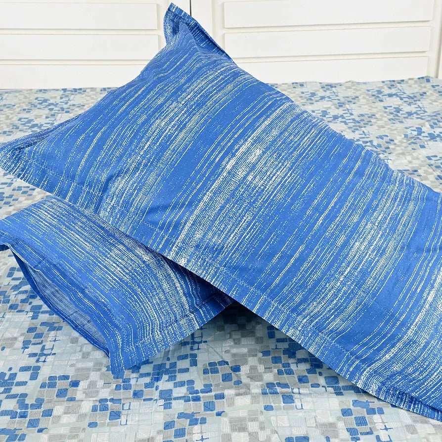 Divine Casa 144 TC 100% Pure Cotton Queen Size Double Bed Bedsheet with 2 Pillow Covers  Geometric Pixel Colour Blue White