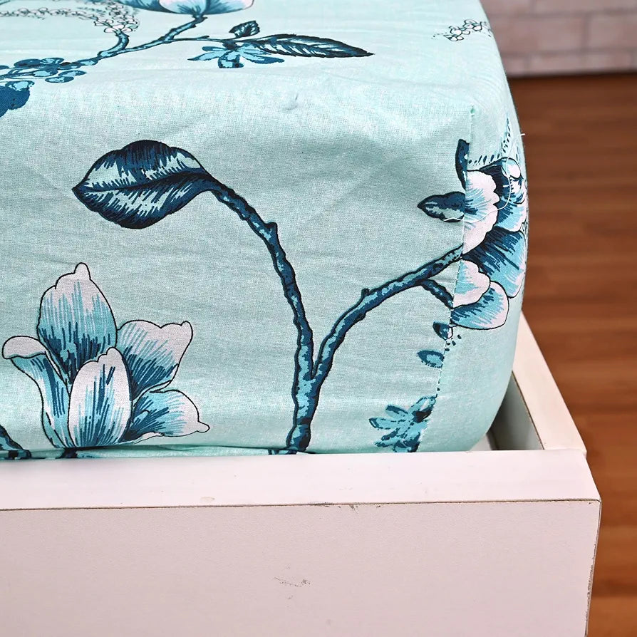 Divine Casa Floret 100% Cotton Double Fitted Bedsheet 144 TC Colour Winter Fern