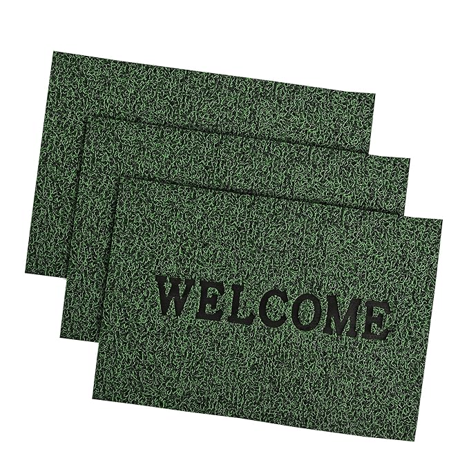 Kuber Industries Anti-Slip Welcome Print Grass Door Mats for Home Green