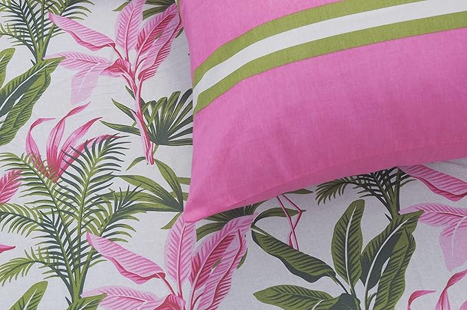 Huesland by Ahmedabad Cotton 144 TC Cotton Bedsheet for Double Bed King Size with 2 Pillow Covers |Flamingos & Stripes Pink & Green