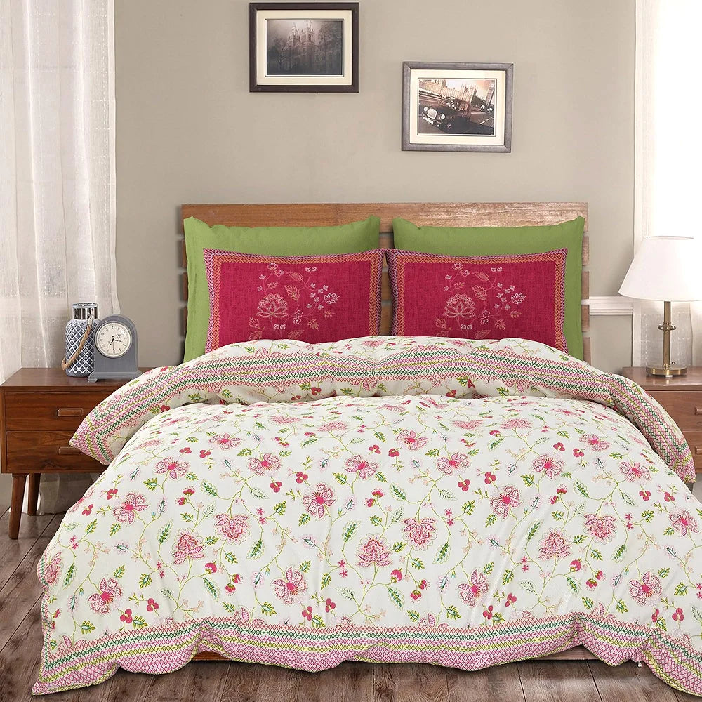 Kuber Industries Double Bedsheet with 2 Pillow Covers 186 TC Premium Cotton Bedsheet Embroidery Flower Zig-Zag Pink