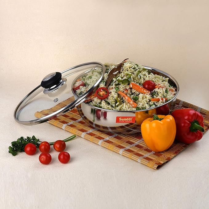 Sumeet Stainless Steel Encapsulated Bottom Induction Tasra with Glass Lid 3Ltr 25cm) Silver