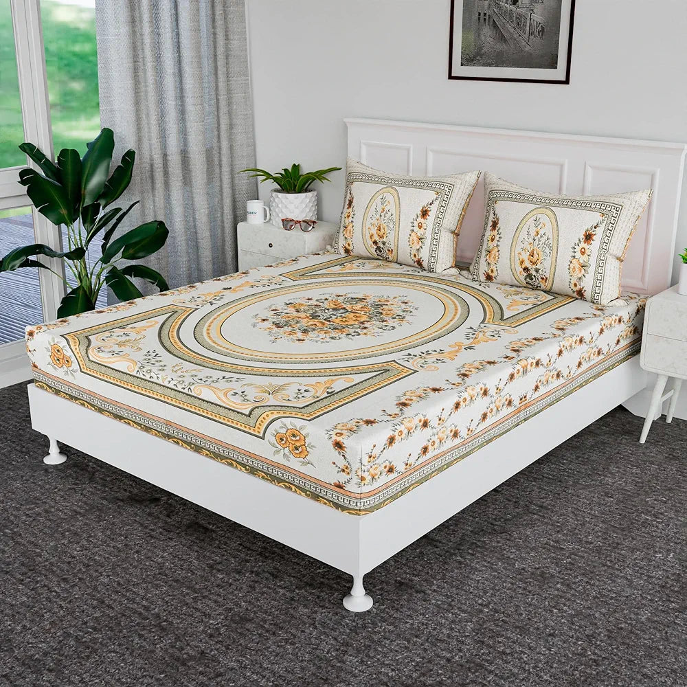 Kuber Industries Cotton Bedsheets for Double Bed with 2 Pillow Covers Kaleen Flower Yellow