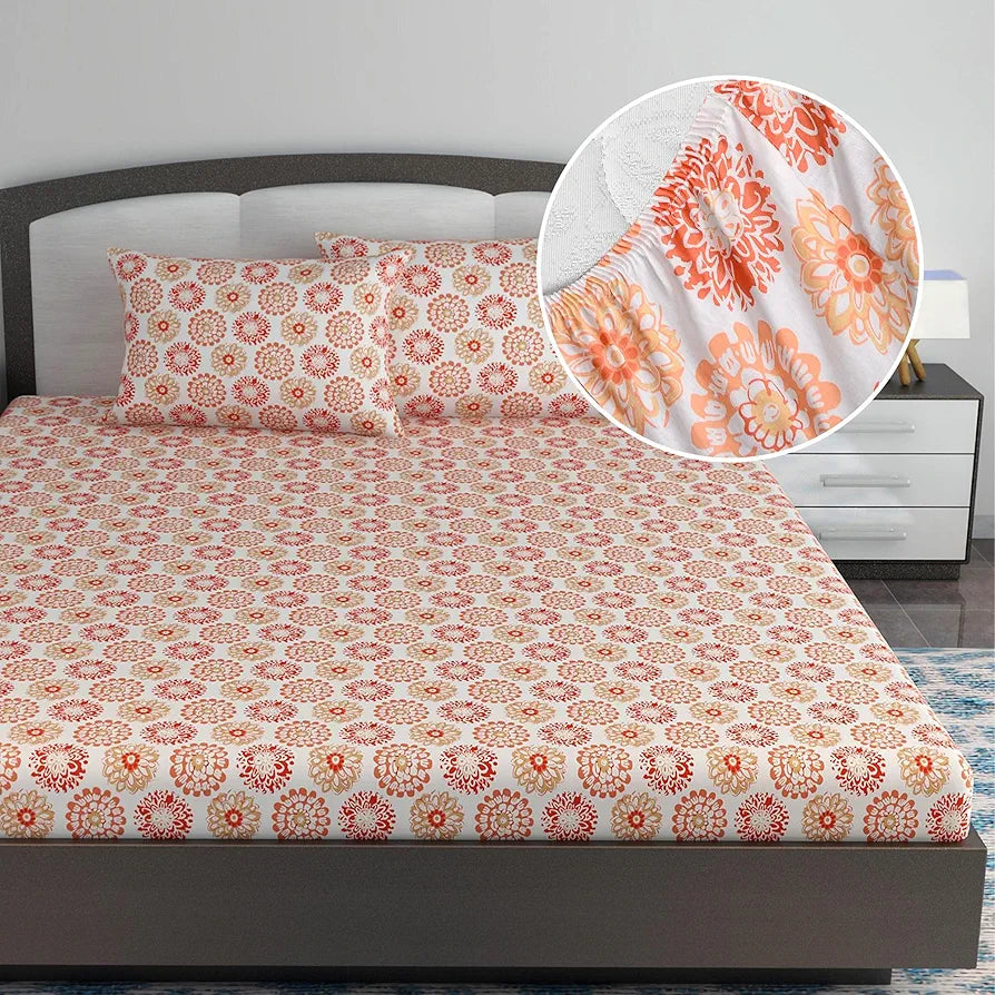 Divine Casa 144 TC 100% Cotton Floral Peach Ultrasoft King Size Bedsheet Cotton Elastic Fitted Pureed Pumpkin