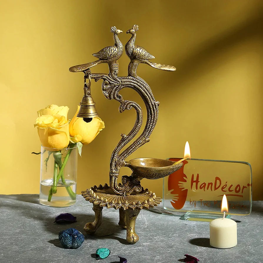 Two Moustaches Brass Ethnic Carved Twin Peacock Design Over Diya