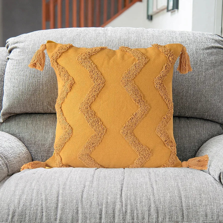 Sashaa World Honey Chevron Tufted Cushion Cover With Tassels Colour Yellow