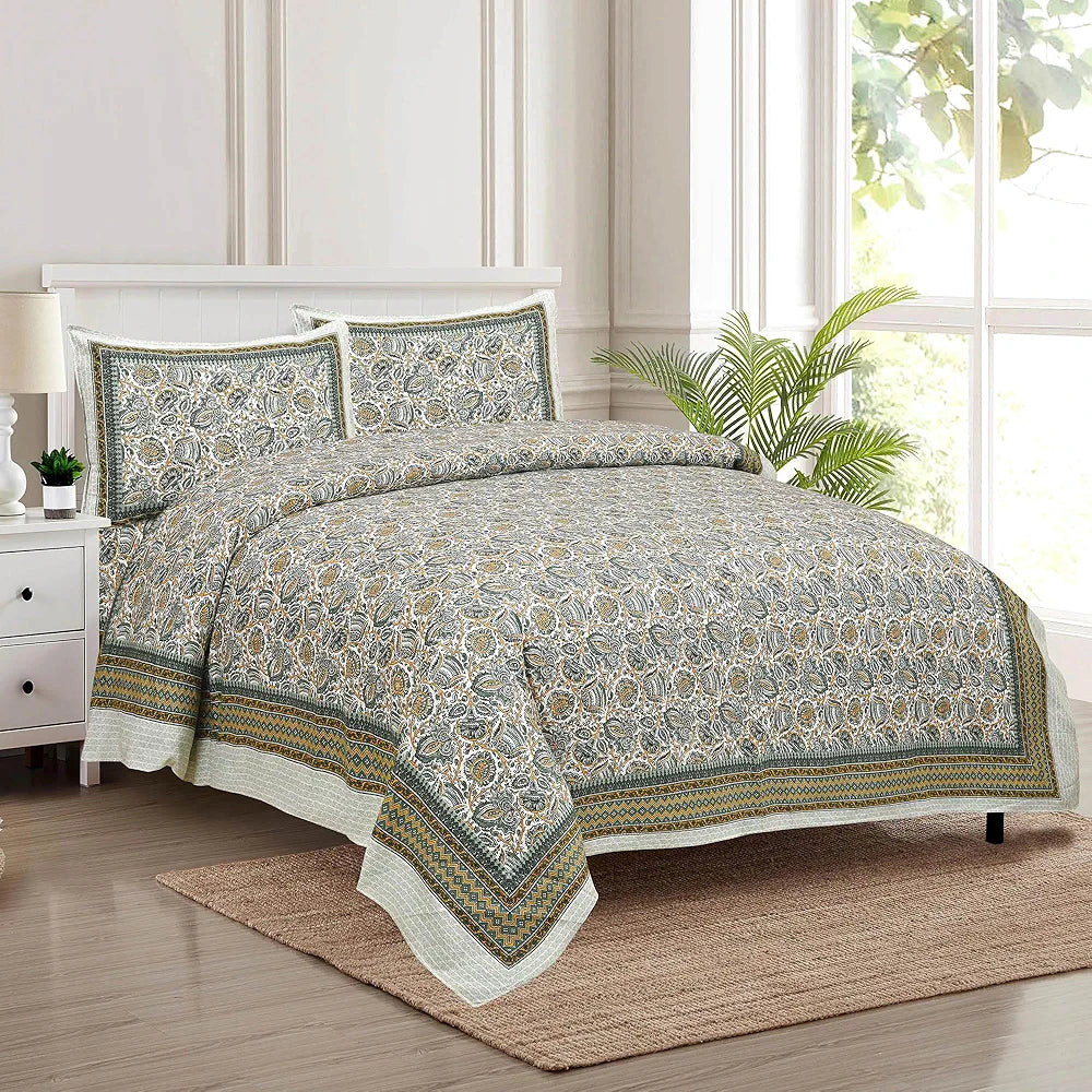Kuber Industries Double Bedsheet with 2 Pillow Covers 160 TC Premium Cotton Dezier Bell Print Green