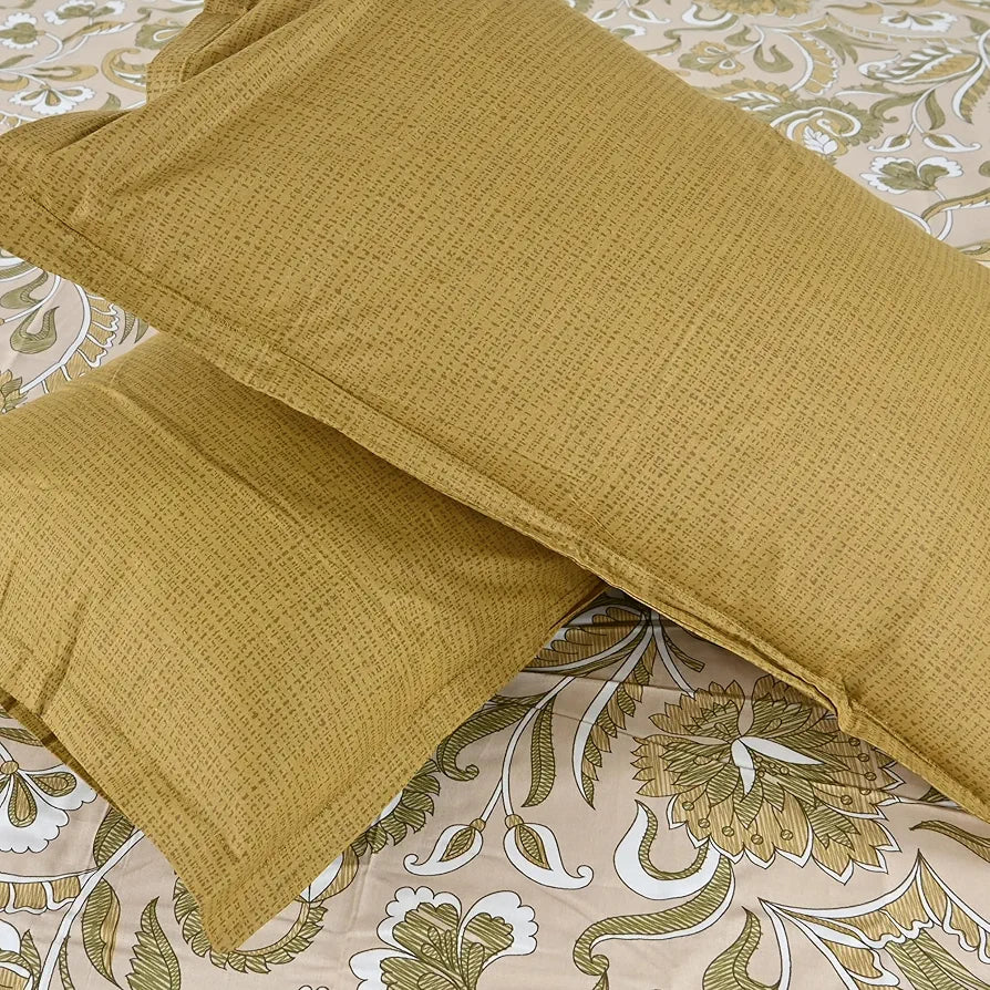 Divine Casa 144 TC 100% Pure Cotton Queen Size Double Bed Bedsheet with 2 Pillow Covers Floral Paisley Colour Mustard Beige