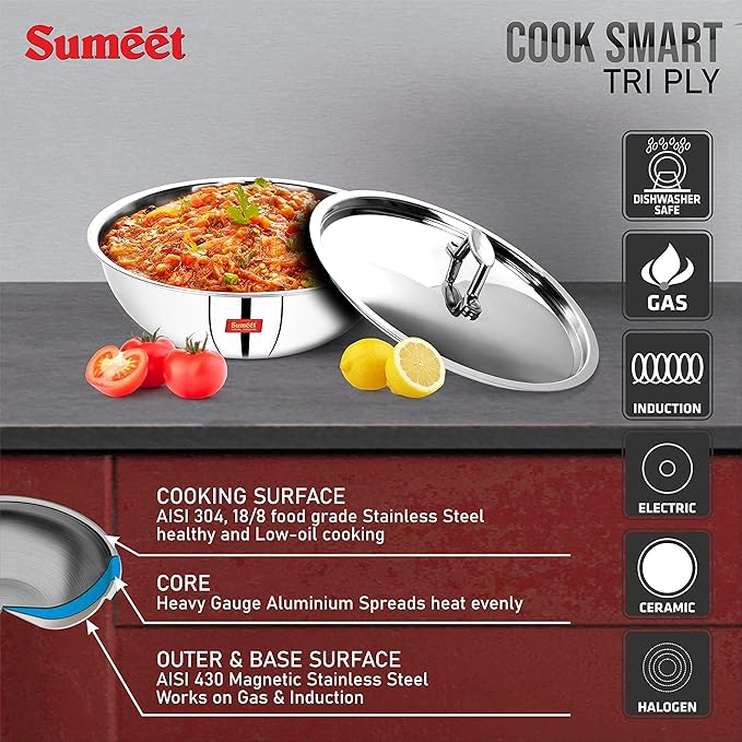 Sumeet Cook Smart Tri-Ply SAS Steel Aluminium Steel| 3 Layers Tasra with Lid (1.5 L| 22 cm)