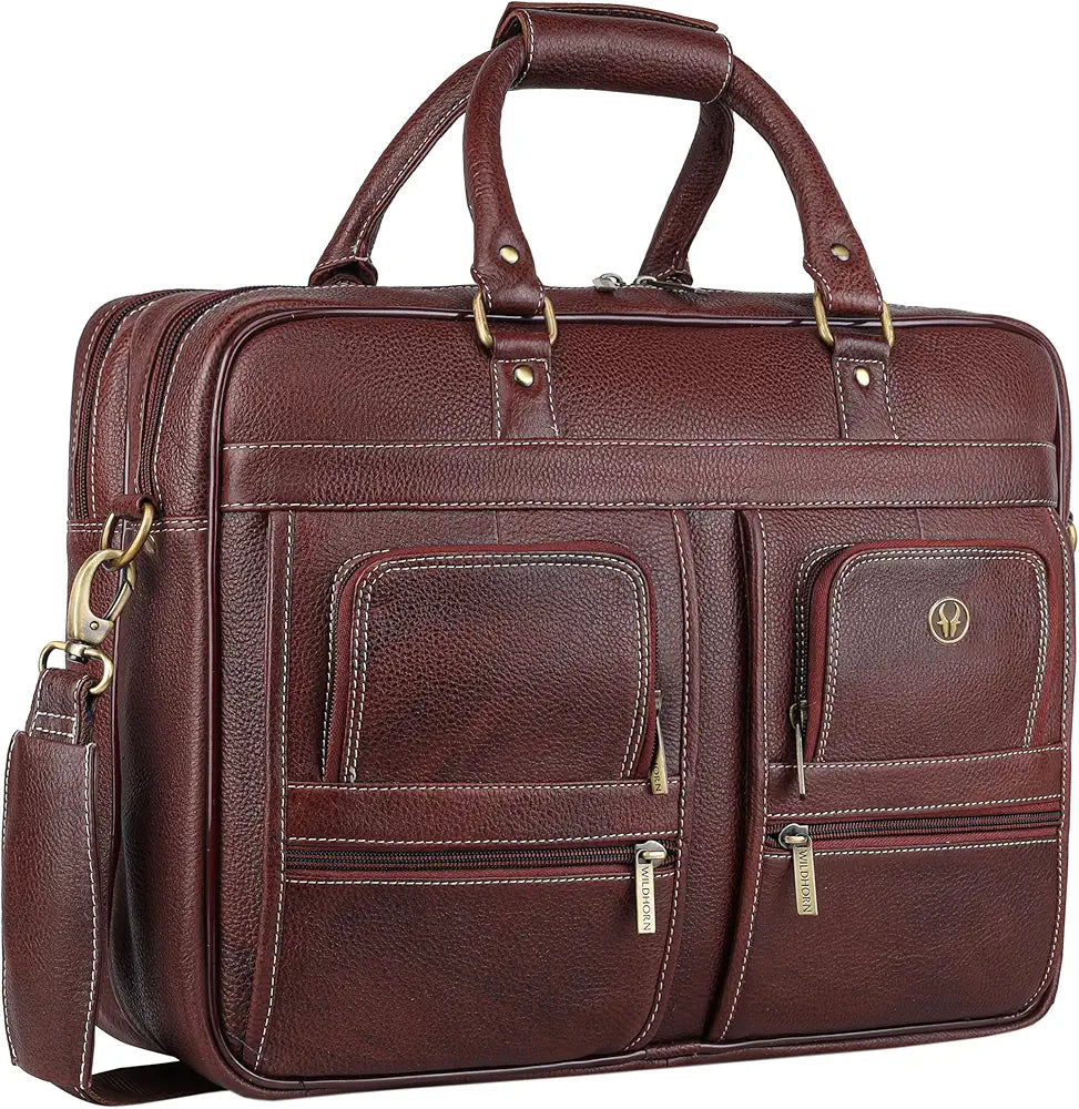 WildHorn Leather 15.6 inch Laptop Messenger Bag for Men I Multi- Pockets I Extra Storage I Carry Handles I Adjustable Strap