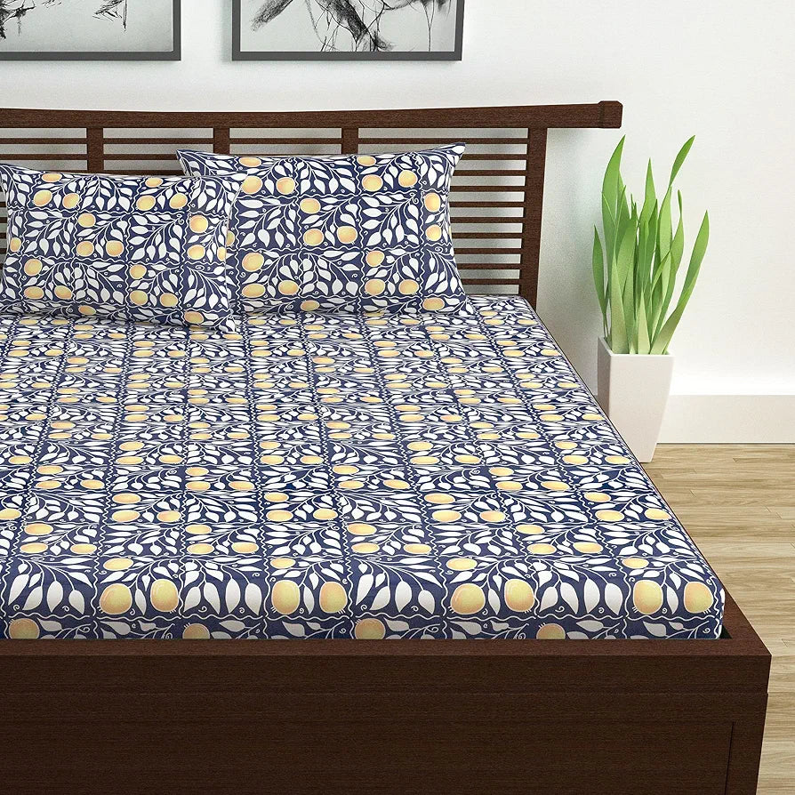 Divine Casa Double Size Bedsheet for Double Bed 144 TC Pure Cotton Queen Size with 2 Pillow Covers Floral Colour Navy & Orange