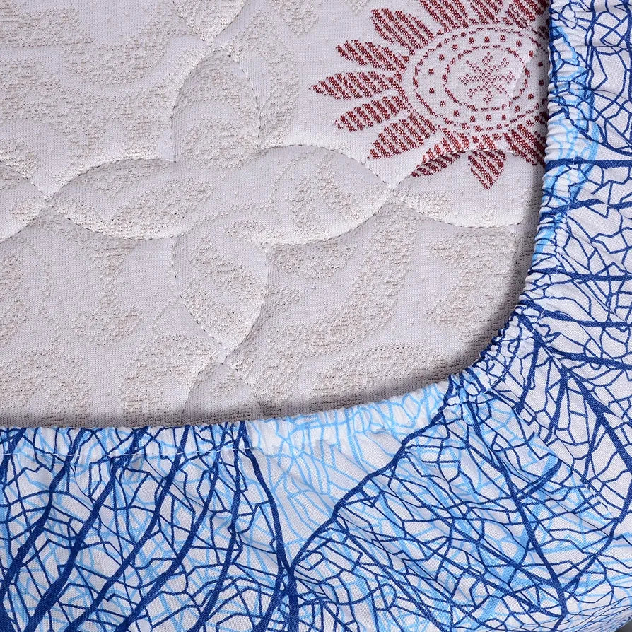 Divine Casa 144 TC Cotton Fitted Bedsheet for Double Bed Elegant Iris Print Dry Leaf Blue Elastic Fit with 2 Pillow Covers