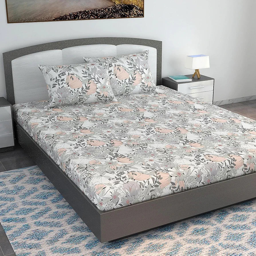Divine Casa 144 TC 100% Cotton Bedsheet King Size Bed King Size Bedsheet with 2 Pillow Covers Colour Blush Grey
