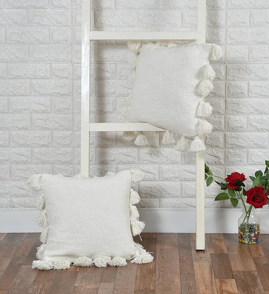 Homadorn Luxury Cotton Handmade Decorative Boho Throw Pillow Covers Colour White
